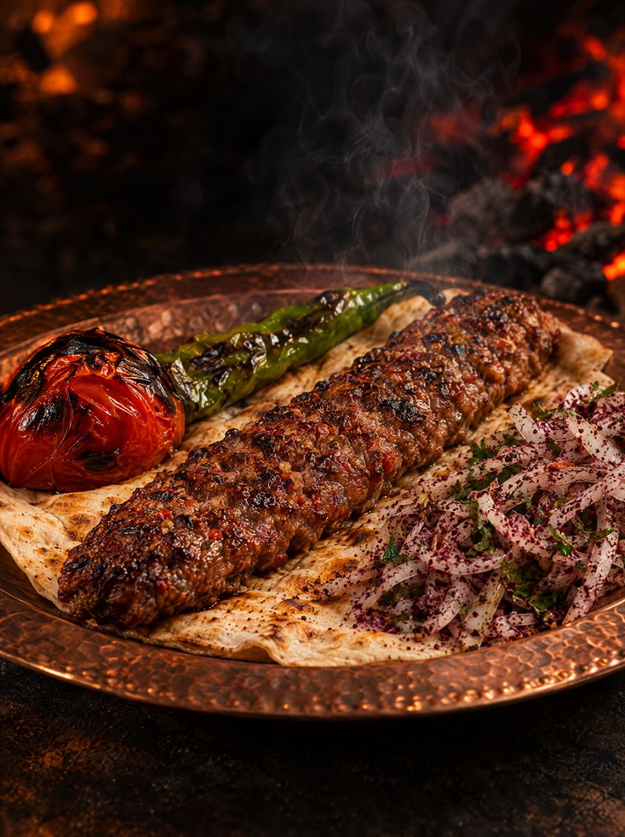 Lavaş üzerinde Adana kebap, köz domates ve biber