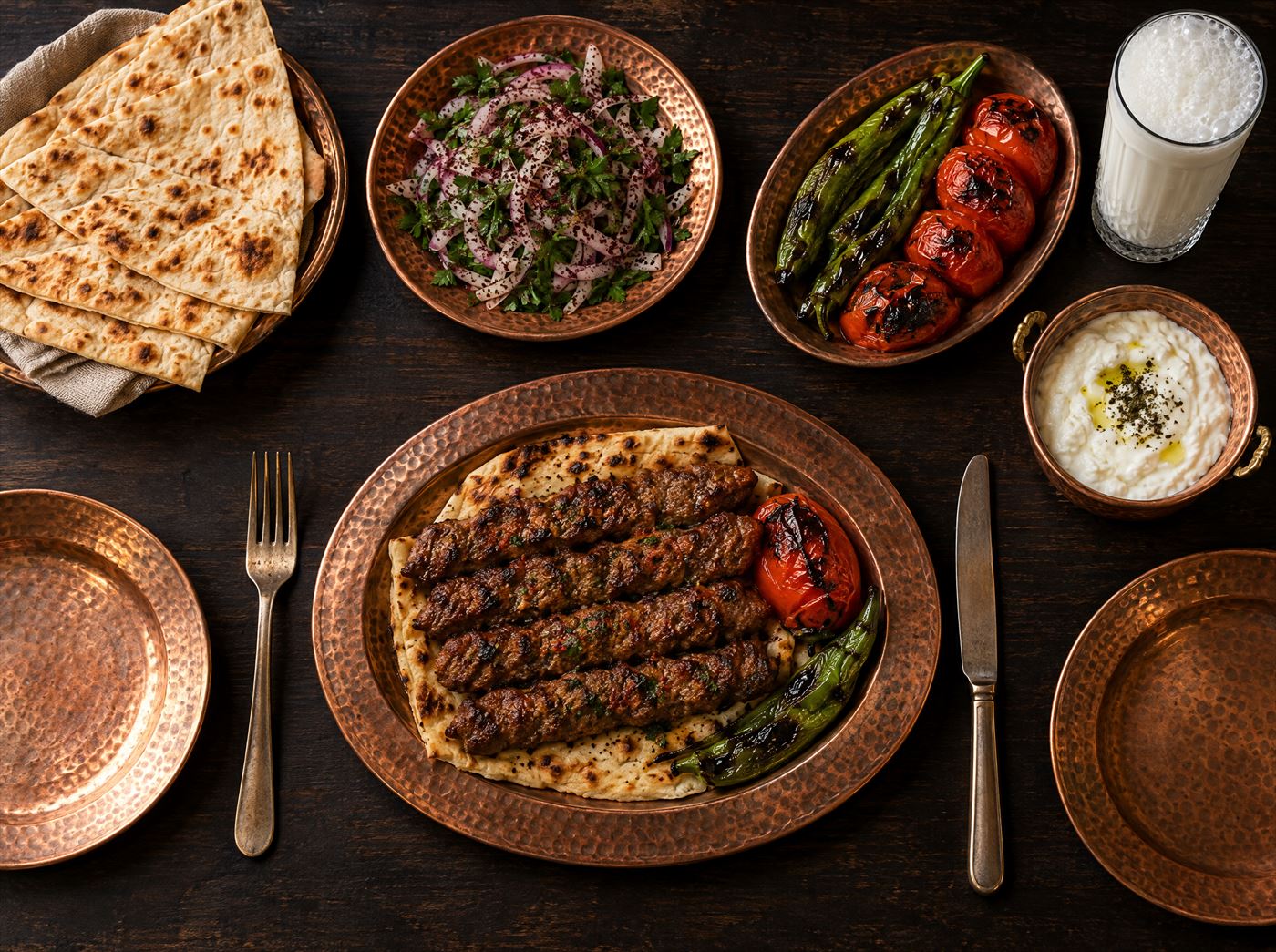 Lavaş, sumaklı soğan, köz biber ve bakır tabaklarla kurulmuş sofra